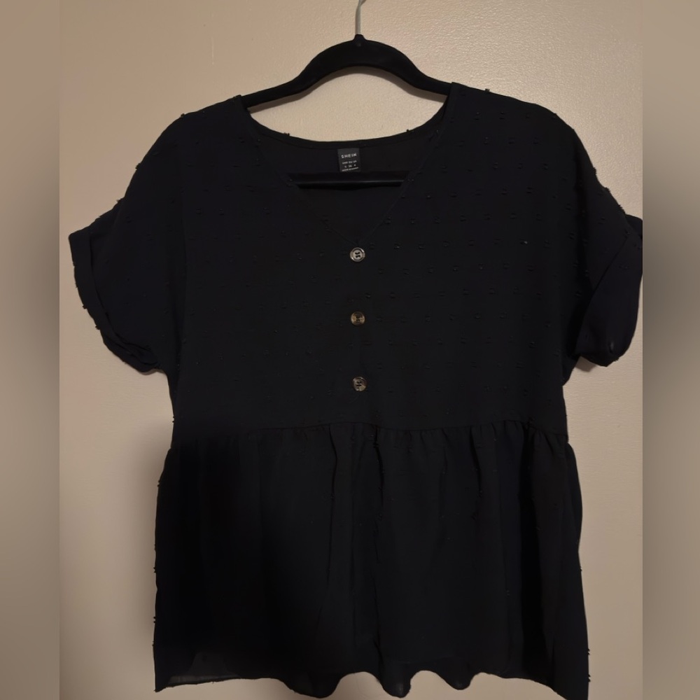 SHEIN Black Textured Button Blouse